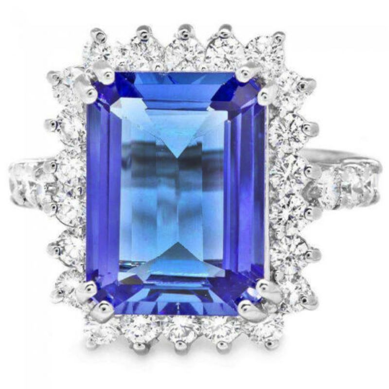 6.60 Carats Natural Very Nice Looking Tanzanite and Diamond 14K Solid White Gold Ring