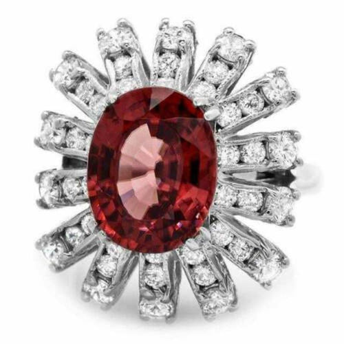 8.80 Carats Natural Very Nice Looking Red Zircon and Diamond 14K Solid White Gold Ring