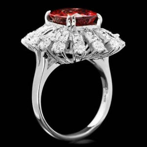8.80 Carats Natural Very Nice Looking Red Zircon and Diamond 14K Solid White Gold Ring