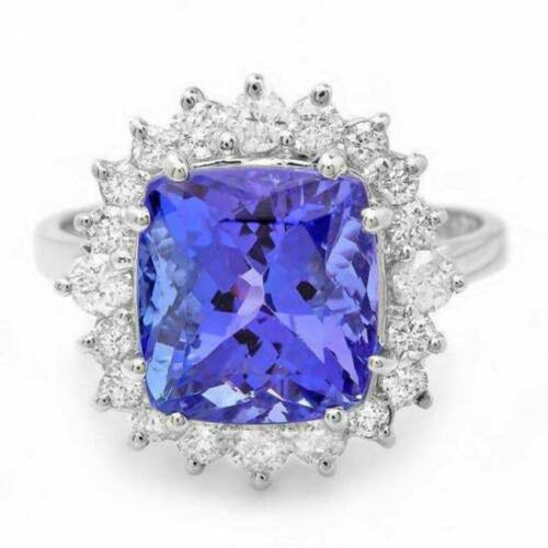 5.20 Carats Natural Very Nice Looking Tanzanite and Diamond 14K Solid White Gold Ring