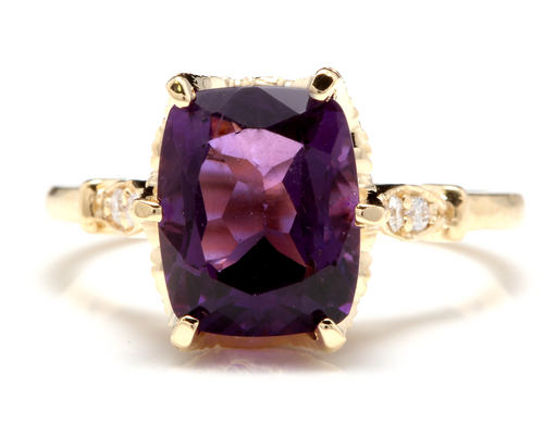 3.38 Carats Natural Amethyst and Diamond 14K Solid Yellow Gold Ring