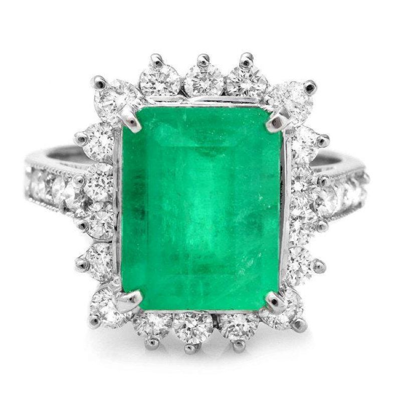 4.80ct Natural Emerald & Diamond 14k Solid White Gold Ring