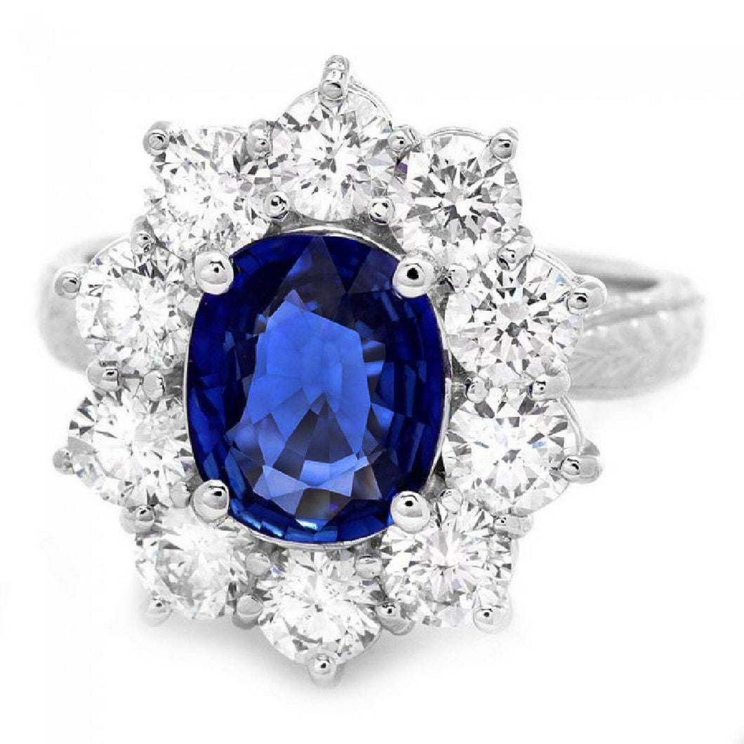 3.60 Carats Exquisite Natural Blue Sapphire and Diamond 18K Solid White Gold Ring