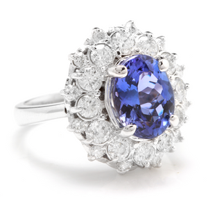 4.30 Carats Natural Very Nice Looking Tanzanite and Diamond 14K Solid White Gold Ring