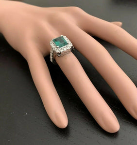 5.30 Carats Natural Emerald and Diamond 14K Solid White Gold Ring