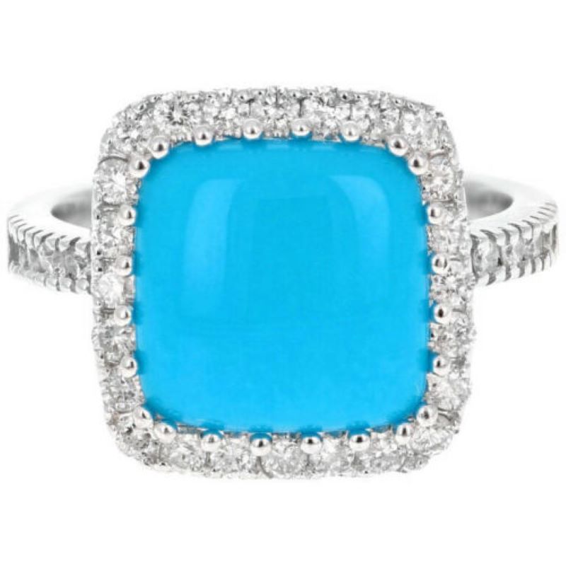 4.00 Carats Impressive Natural Turquoise and Diamond 14K White Gold Ring