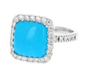 4.00 Carats Impressive Natural Turquoise and Diamond 14K White Gold Ring