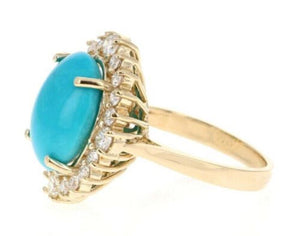 8.10 Carats Impressive Natural Turquoise and Diamond 14K Yellow Gold Ring