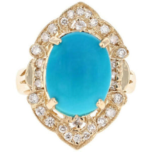 7.55 Carats Impressive Natural Turquoise and Diamond 14K Yellow Gold Ring