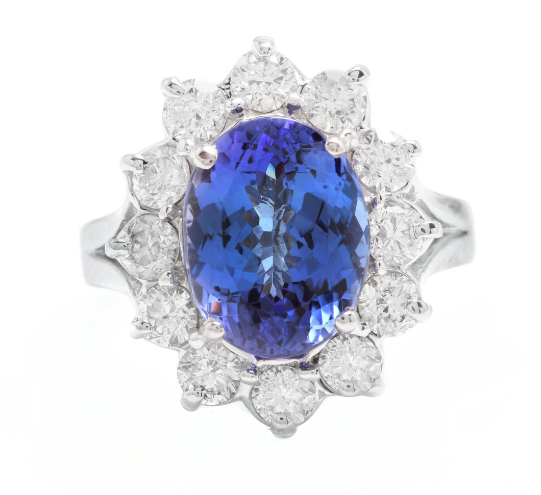 5.90 Carats Natural Tanzanite and Diamond 14k Solid White Gold Ring