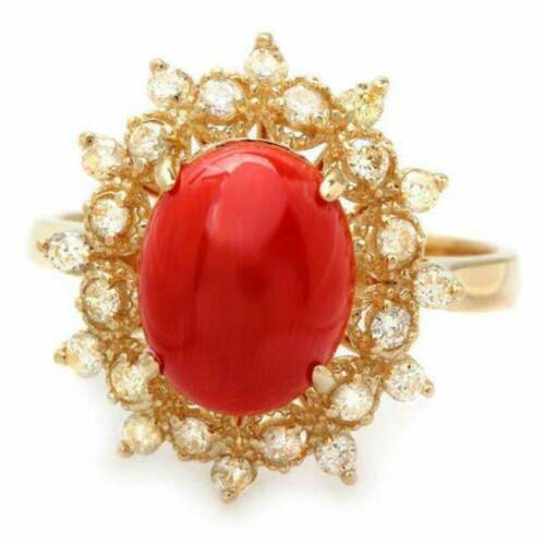 3.55 Carats Impressive Coral and Diamond 14K Yellow Gold Ring