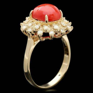 3.55 Carats Impressive Coral and Diamond 14K Yellow Gold Ring