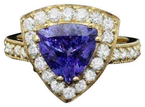 4.00 Carats Natural Very Nice Looking Tanzanite and Diamond 14K Solid Yellow Gold Ring