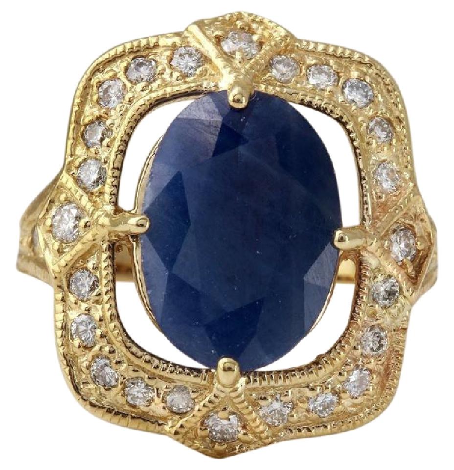5.66 Carats Exquisite Natural Blue Sapphire and Diamond 14K Solid Yellow Gold Ring