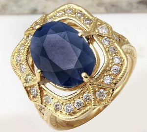 5.66 Carats Exquisite Natural Blue Sapphire and Diamond 14K Solid Yellow Gold Ring