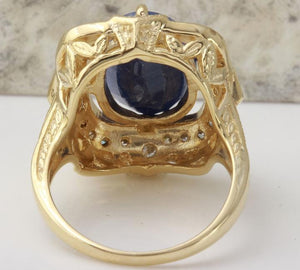 5.66 Carats Exquisite Natural Blue Sapphire and Diamond 14K Solid Yellow Gold Ring