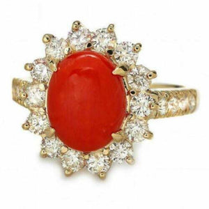 4.00 Carats Impressive Coral and Diamond 14K Yellow Gold Ring