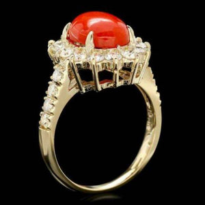 4.00 Carats Impressive Coral and Diamond 14K Yellow Gold Ring