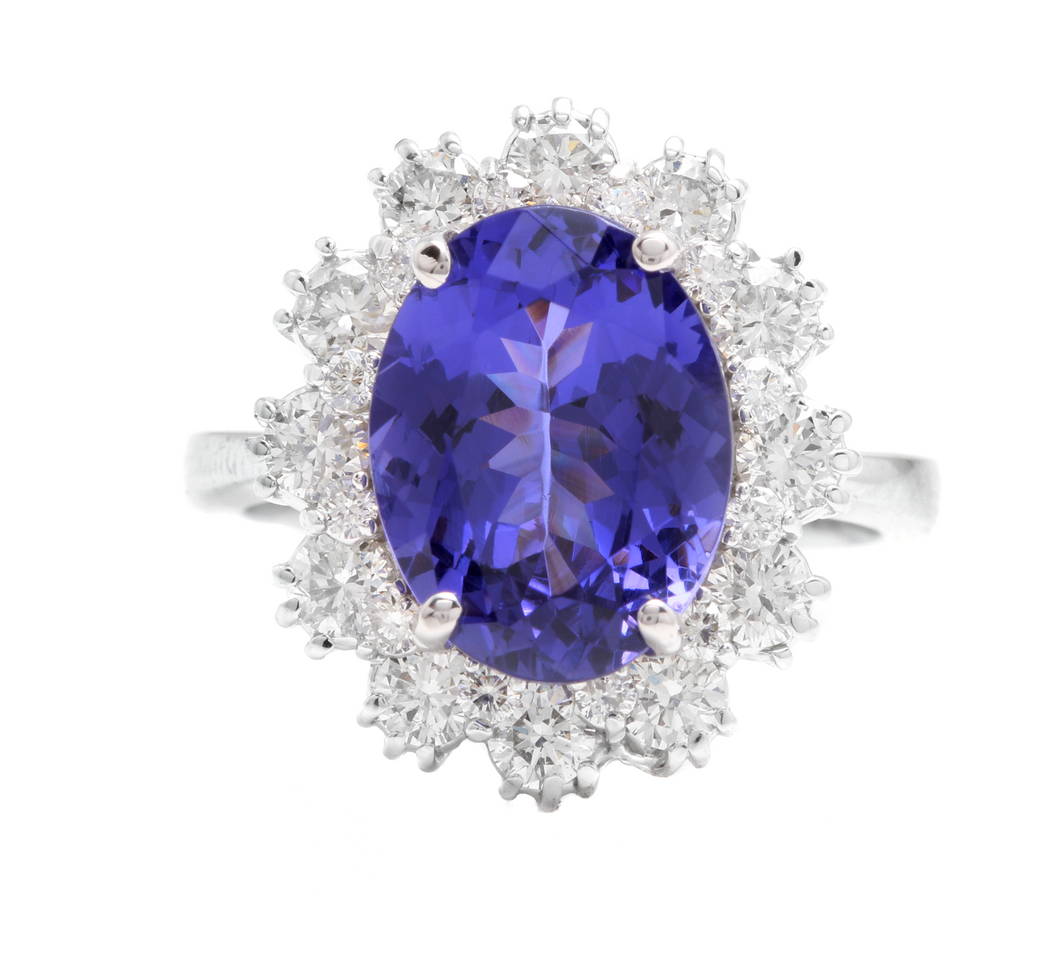 6.30 Carats Natural Very Nice Looking Tanzanite and Diamond 14K Solid White Gold Ring