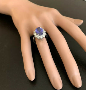 6.30 Carats Natural Very Nice Looking Tanzanite and Diamond 14K Solid White Gold Ring