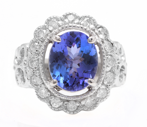 5.75 Carats Natural Very Nice Looking Tanzanite and Diamond 14K Solid White Gold Ring