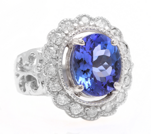 5.75 Carats Natural Very Nice Looking Tanzanite and Diamond 14K Solid White Gold Ring