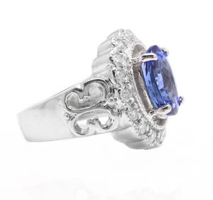 5.75 Carats Natural Very Nice Looking Tanzanite and Diamond 14K Solid White Gold Ring