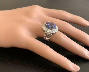 5.75 Carats Natural Very Nice Looking Tanzanite and Diamond 14K Solid White Gold Ring