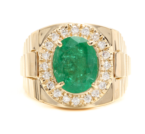 6.20 Carats Natural Emerald and Diamond 14K Solid Yellow Gold Men's Ring