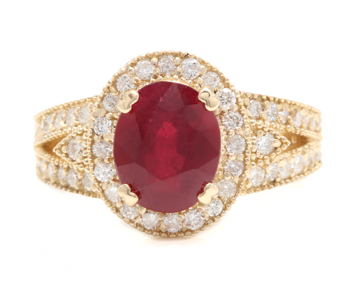 7.15 Carats Red Ruby and Natural Diamond 14k Solid Yellow Gold Ring