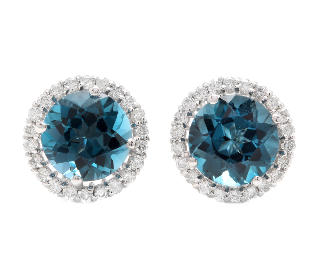 5.00 Carats Natural London Blue Topaz and Diamond 14K Solid White Gold Stud Earrings