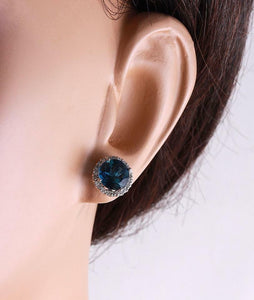 5.00 Carats Natural London Blue Topaz and Diamond 14K Solid White Gold Stud Earrings
