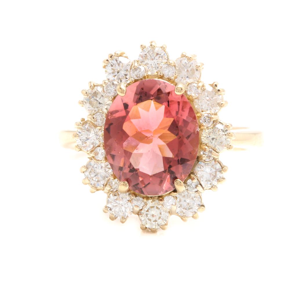 6.20 Carats Natural Very Nice Looking Tourmaline and Diamond 14K Solid Yellow Gold Ring