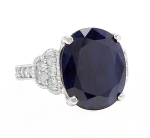 14.60 Carats Exquisite Natural Blue Sapphire and Diamond 14K Solid White Gold Ring