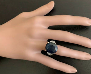 14.60 Carats Exquisite Natural Blue Sapphire and Diamond 14K Solid White Gold Ring