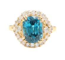 Load image into Gallery viewer, 7.00 Carats Natural Very Nice Looking Blue Zircon and Diamond 14K Solid Yellow Gold Ring