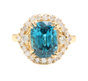 7.00 Carats Natural Very Nice Looking Blue Zircon and Diamond 14K Solid Yellow Gold Ring