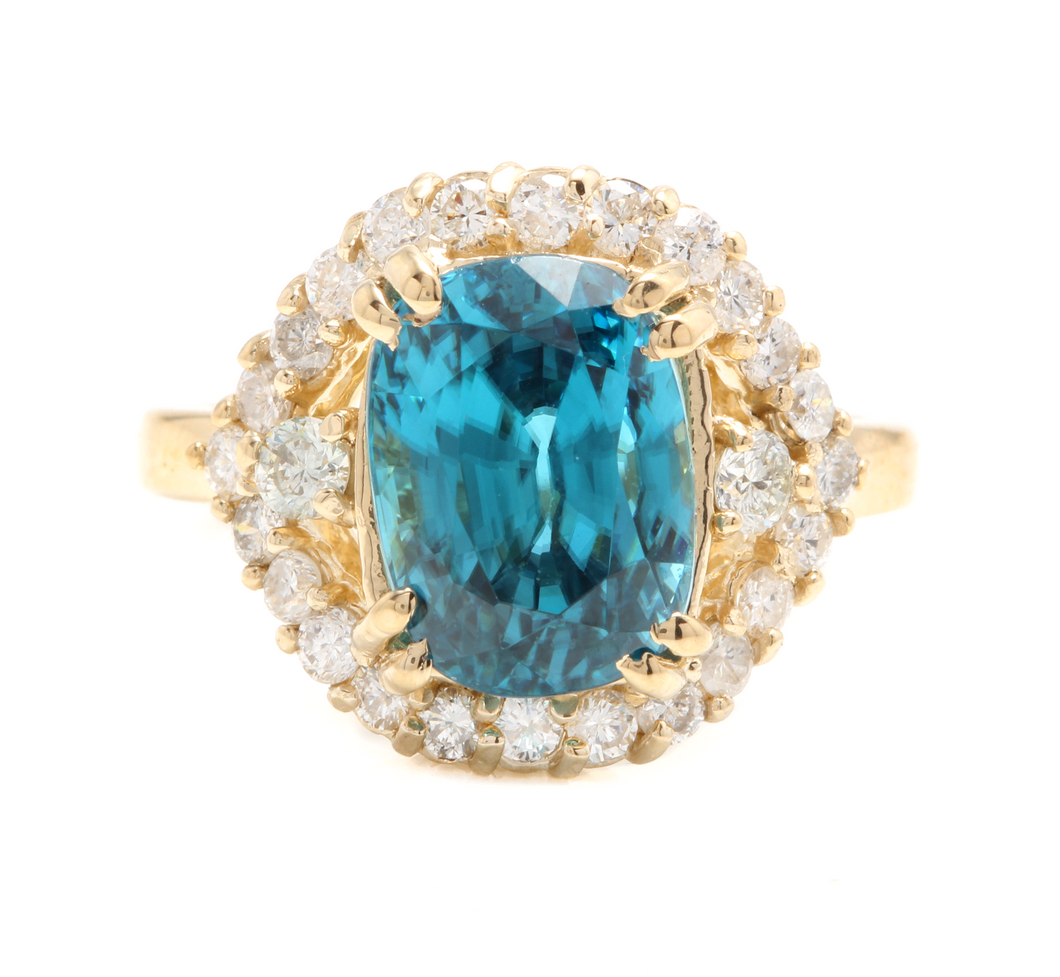 7.00 Carats Natural Very Nice Looking Blue Zircon and Diamond 14K Solid Yellow Gold Ring