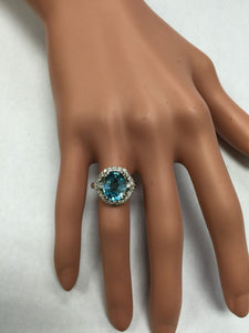 7.00 Carats Natural Very Nice Looking Blue Zircon and Diamond 14K Solid Yellow Gold Ring