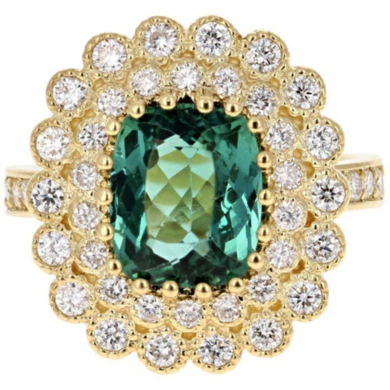 4.45 Carats Natural Very Nice Looking Green Tourmaline and Diamond 14K Solid Yellow Gold Ring