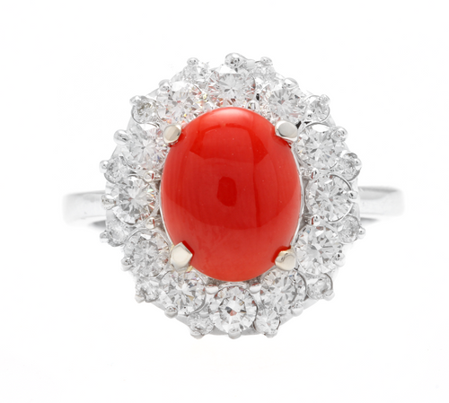 3.30 Carats Impressive Coral and Diamond 14K White Gold Ring