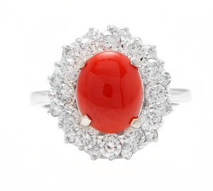 3.30 Carats Impressive Coral and Diamond 14K White Gold Ring