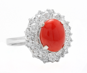 3.30 Carats Impressive Coral and Diamond 14K White Gold Ring