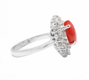 3.30 Carats Impressive Coral and Diamond 14K White Gold Ring