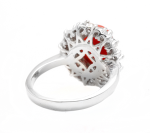 3.30 Carats Impressive Coral and Diamond 14K White Gold Ring