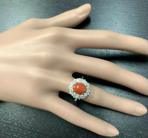 3.30 Carats Impressive Coral and Diamond 14K White Gold Ring