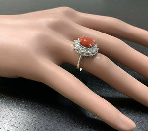 3.30 Carats Impressive Coral and Diamond 14K White Gold Ring