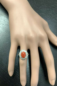 3.30 Carats Impressive Coral and Diamond 14K White Gold Ring