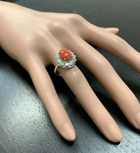 3.30 Carats Impressive Coral and Diamond 14K White Gold Ring