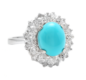 3.50 Carats Impressive Natural Turquoise and Diamond 14K White Gold Ring
